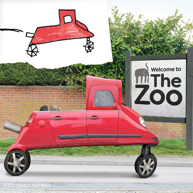 Dad Continues to Recreate Son’s Drawings Into Hilarious Real-Life Counterparts