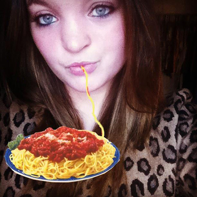 Duckface Selfies Fixed by Adding Spaghetti