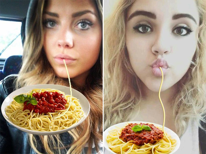 Duckface Selfies Fixed by Adding Spaghetti