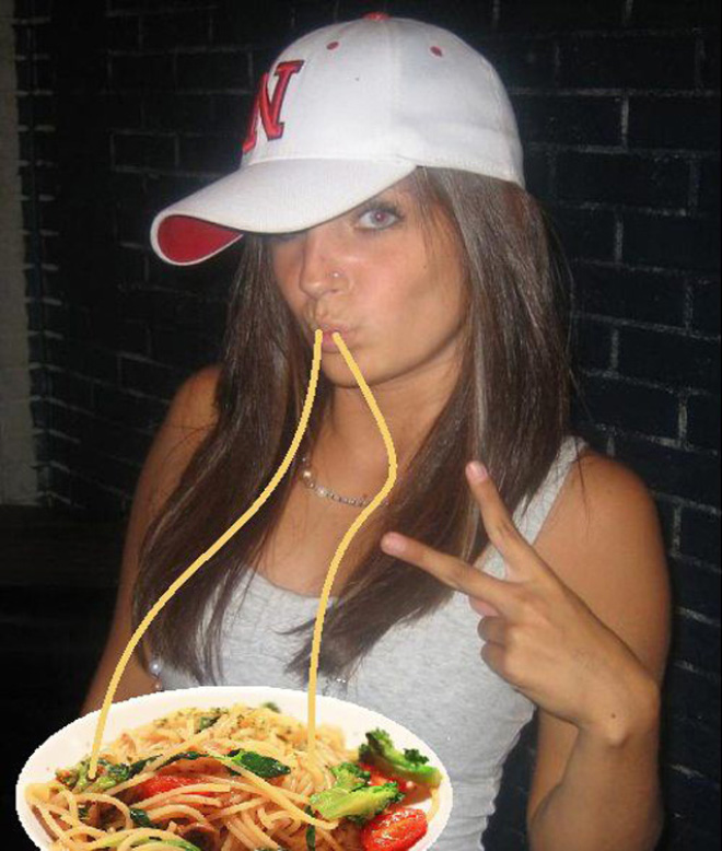 Duckface Selfies Fixed by Adding Spaghetti