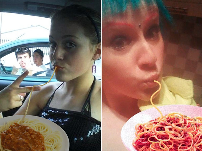 Duckface Selfies Fixed by Adding Spaghetti