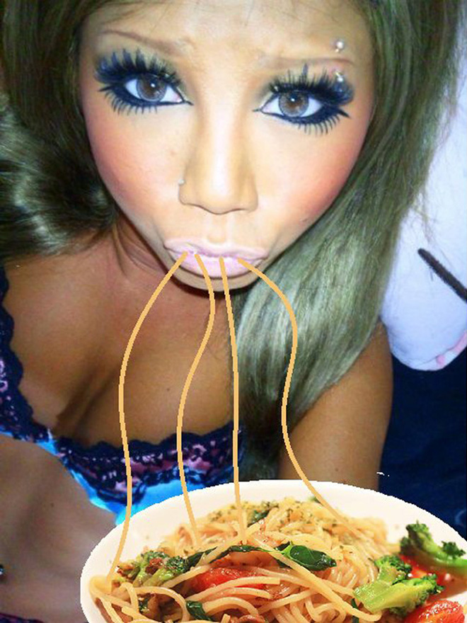 Duckface Selfies Fixed by Adding Spaghetti