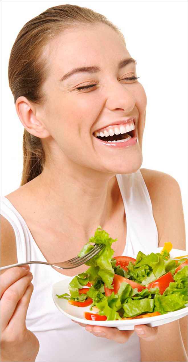Women Laughing Alone With Salad