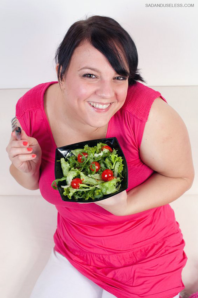 Women Laughing Alone With Salad