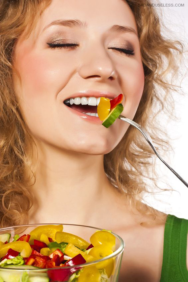 Women Laughing Alone With Salad