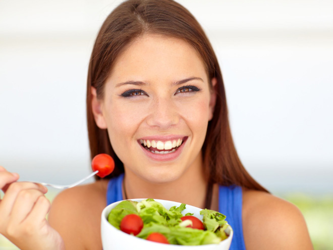 Women Laughing Alone With Salad