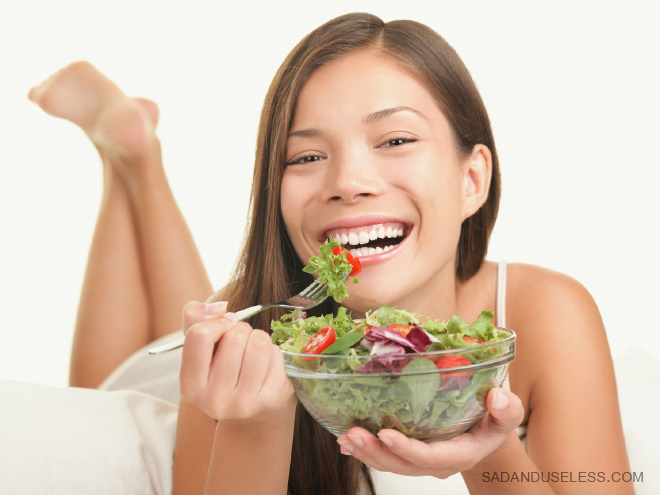 Women Laughing Alone With Salad
