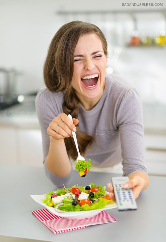 Women Laughing Alone With Salad