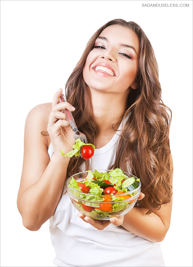 Women Laughing Alone With Salad